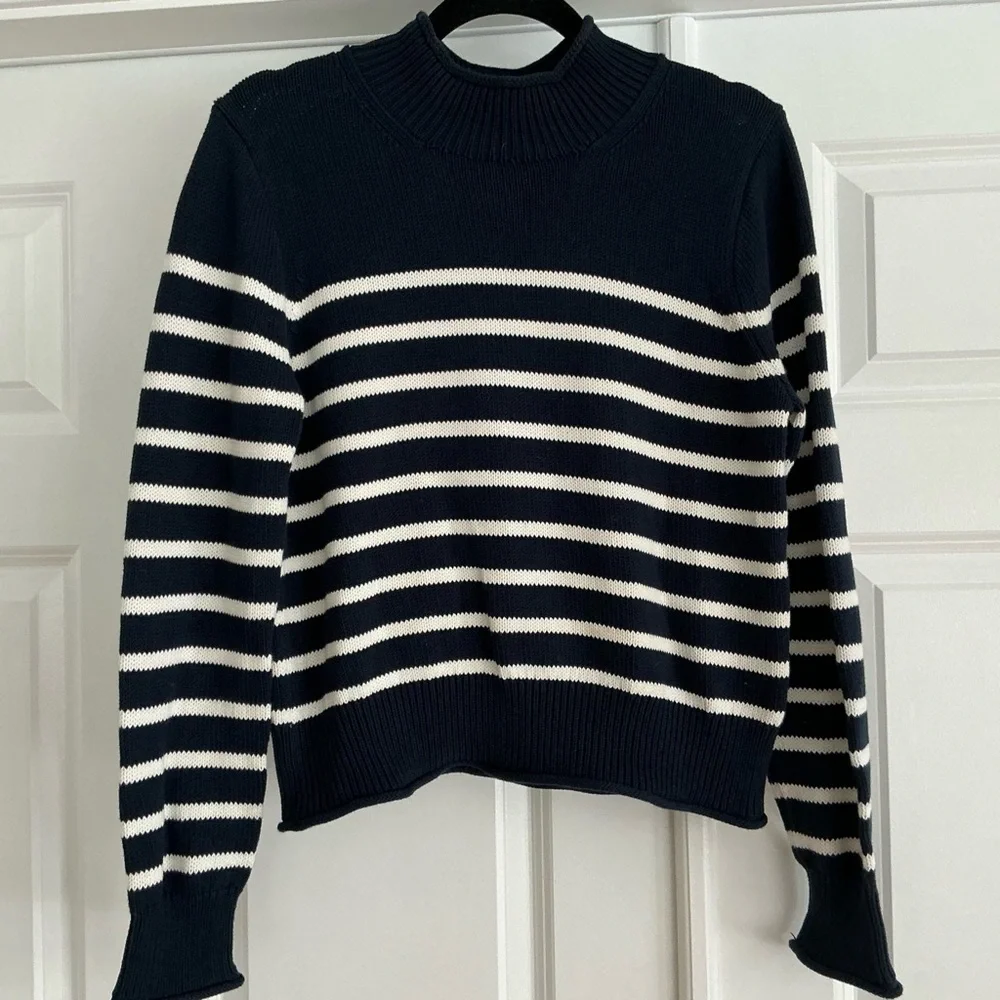 J. Crew women size M New Heritage‎ Rollneck sweater navy stripe 100% cotton